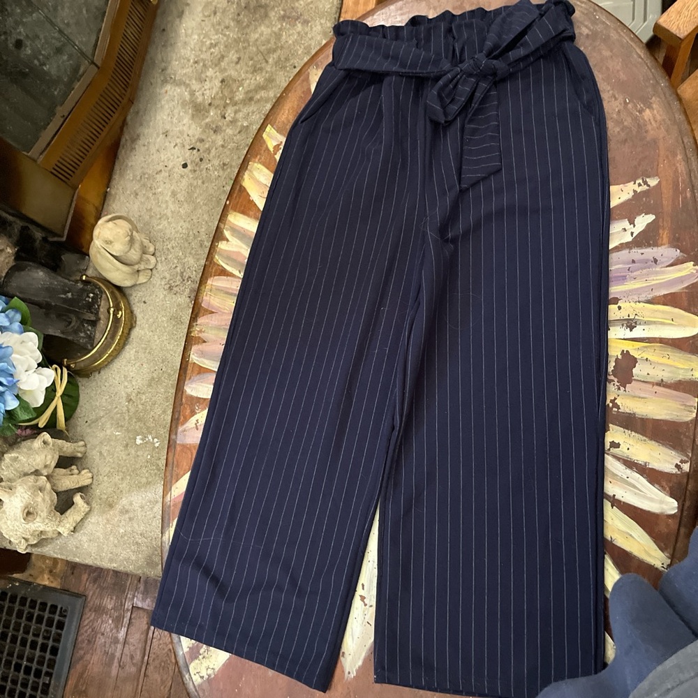 Ladies crop paper bag waist pin-Stripe pants